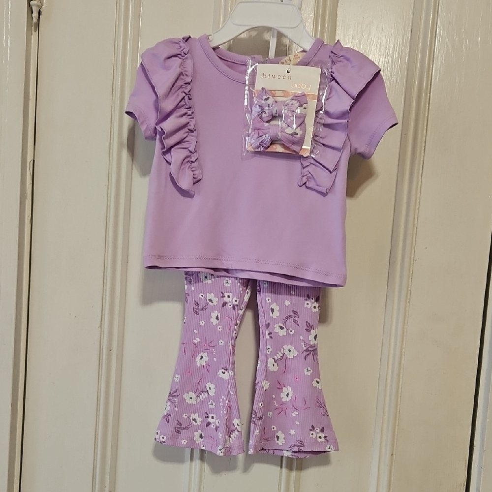 Btween Baby Purple Ruffle Floral Set with Hair Bows 12M